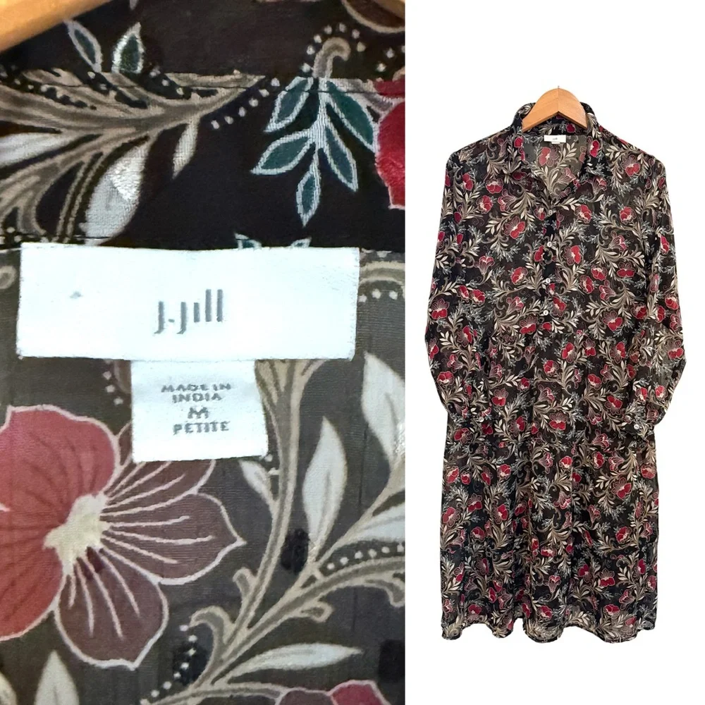 J. Jill Black  Floral Long Sleeve Dress Boho Prairie Cottage-core Whimsigot - Picture 5 of 5